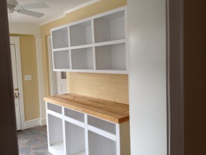 New shelves, countertop and cabinets in sunroom just off the kitchen.